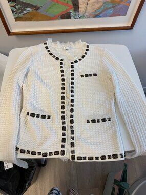 CAbi Cream Ivory Jeweled Trim Knit Jacket Cardigan Chiffon Ruffle Womens XS